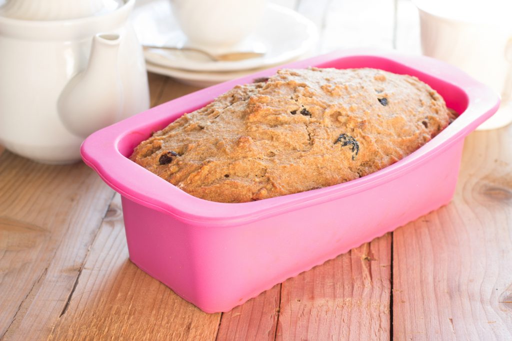 Silicone baking pan with loaf of bread