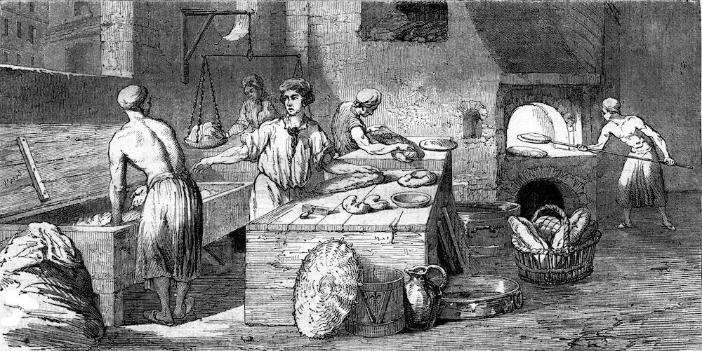 black and white illustration of old fashioned bakery